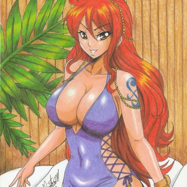 1girls, big breasts, breasts, cleavage, clothed, dress, female, female only, huge breasts, large breasts, long hair, nami, no panties, one piece, pencil (artwork)