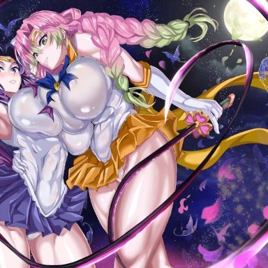 2girls, abs, blush, breast press, breasts, bug, butterfly, curvaceous, curvy, demon slayer, green eyes, green hair, highres, holding weapon, holding whip