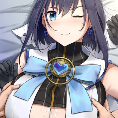 1girls, absurdres, after ejaculation, after paizuri, black gloves, blue eyes, blue hair, blush, bow, bowtie, boy on top, breast grab, breasts, chains, cleavage