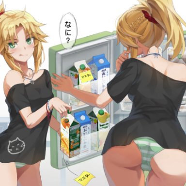 ass, bent over, blonde hair, fate/apocrypha, fate/grand order, fate (series), green eyes, green panties, looking at viewer, mordred (fate), no pants, panties, ponytail, standing, striped panties