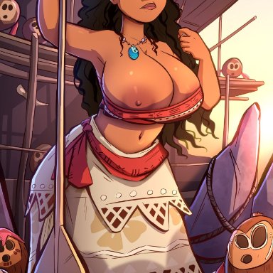 1girls, big breasts, breasts outside, brown hair, brown skin, dark-skinned female, disney, emmabrave, moana, moana waialiki