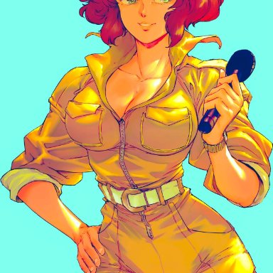 1girls, 2021, 5 fingers, april o'neil, april o'neil (tmnt 1987), artist request, belt, blue background, breasts, cleavage, clothed, clothes, clothing, eyebrows, eyebrows visible through hair