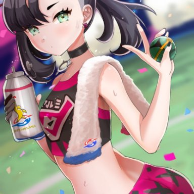 ass, asymmetrical bangs, bangs, bare arms, black choker, black hair, black nails, blurry, blush, bottle, choker, closed mouth, confetti, creatures (company), dusk ball