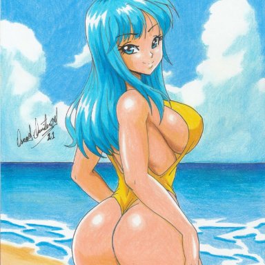 1girls, 2021, ass, beach, big ass, blue eyes, blue hair, dragon ball, female, female only, huge breasts, long hair, looking at viewer, looking back, maron
