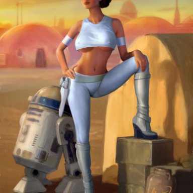 1girls, brown eyes, brown hair, cutoff shirt, desert, erect nipples, fit female, gun, hair bun, large breasts, midriff, mironishin, padme amidala, platform heels, r2-d2