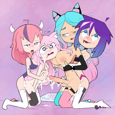 1girls, 3futas, animal ears, balls, big breasts, big penis, blue hair, bottomless, breasts, catgirl, cleavage, clothed, clothing, cum, cum while penetrated