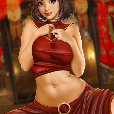 1girls, 2021, abs, artist signature, asian female, athletic female, auburn hair, avatar the last airbender, bare legs, blue eyes, bob cut, brown hair, female only, fully clothed, hands on chest