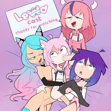 1girls, 3futas, anal, animal ears, balls, big breasts, big penis, blue hair, bottomless, breasts, catgirl, cleavage, clothed, clothing, double penetration