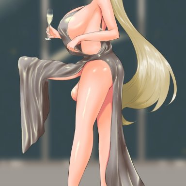 1futa, areolae, balls, big balls, big breasts, big penis, blonde hair, blush, breasts, clothed, clothing, dickgirl, dress, erection, erection under clothes