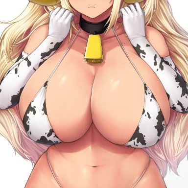 animal ears, animal print, bell, bikini, blonde hair, blush, breasts, buran (22x), choker, cleavage, clenched hands, closed mouth, cow ears, cow horns, cow print