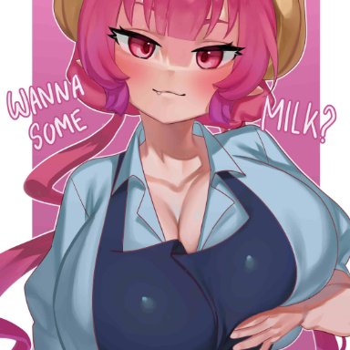 1girls, apron, big breasts, breast grab, breast squeeze, dialogue, dragon girl, dragon horns, english text, fangs, female, female only, horns, ilulu (dragon maid), looking at viewer