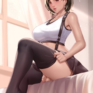 1futa, alternate hairstyle, ass, balls, bed, big breasts, bottomless, breasts, clothed, clothing, exlic, final fantasy, final fantasy vii, flaccid, fully clothed