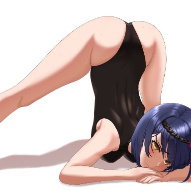 1nilla', all fours, ass, ass up, bare legs, barefoot, bent over, black hair, blush, breasts, feet, genshin impact, hi res, human, jack-o pose