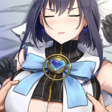 1boy, absurdres, black gloves, blue eyes, blue hair, blush, bow, bowtie, boy on top, breast grab, breasts, chains, cleavage, closed eyes, commentary