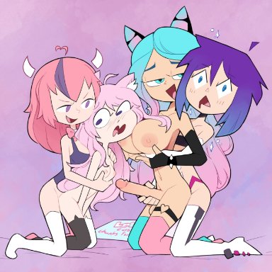 1girls, 3futas, animal ears, balls, big breasts, big penis, blue hair, bottomless, breasts, catgirl, cleavage, clothed, clothing, erection, female