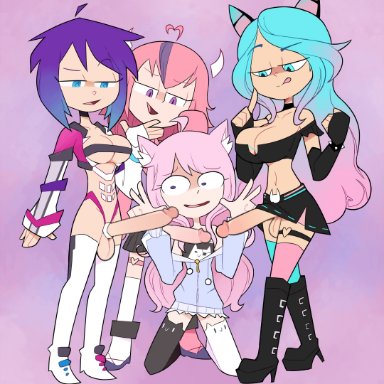 1girls, 3futas, animal ears, balls, big breasts, big penis, blue hair, breasts, catgirl, cleavage, clothed, clothing, erection, female, fully clothed