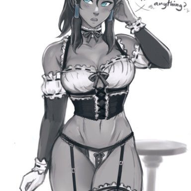 1girls, avatar the last airbender, breasts, cleavage, dark-skinned female, dark skin, female, female only, iahfy, korra, lingerie, maid, maid headdress, monochrome, solo