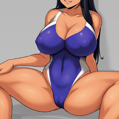 1girls, 2021, alternate breast size, artist signature, belly button, breasts, brown eyes, competition swimsuit, erect nipples, erect nipples under clothes, feet, feet out of frame, female, female focus, female only