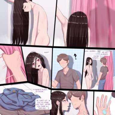 2boys, bdone, comic, femboy, girly, male, male only, shower, speech bubble, text, trap, yaoi