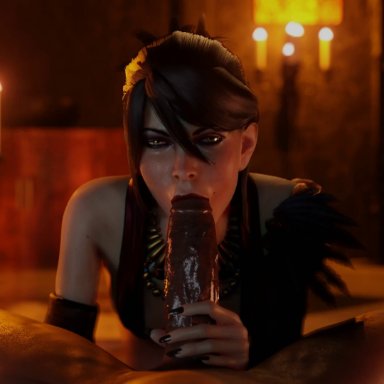 1boy, 1girl, 1girls, 3d, animated, big penis, bioware, blurry background, candelabra, candle, clothed female nude male, dark-skinned male, dark skin, deepthroat, dragon age