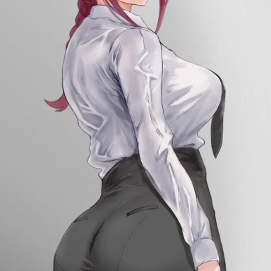 1girls, 2021, ass, ass focus, big ass, black pants, braid, breasts, chainsaw man, dat ass, female, female focus, female only, grey background, looking at viewer