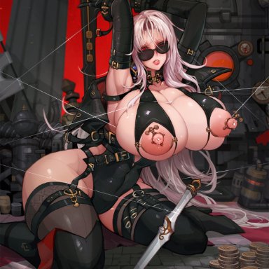 1girl, 1girls, areolae, ass, black-garter straps, black elbow gloves, black latex elbow gloves, black leotard, black stockings, black thighhighs, blade (dungeon and fighter), blush, bondage, breasts, dungeon and fighter