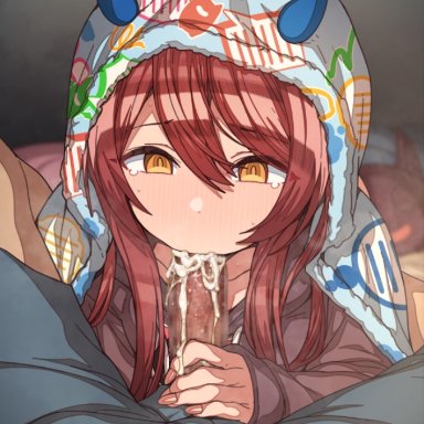 1boy, blush, censored, cum, cum in mouth, erection, erere, eyebrows visible through hair, fellatio, female, hair between eyes, idolmaster, idolmaster shiny colors, long hair, long sleeves