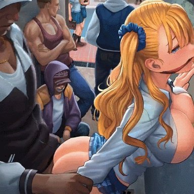 alley, animated, areolae, ass, blonde hair, blue eyes, breasts outside, dark-skinned male, dat ass, doggy style, female, fishsyrup, from behind, galko, galko-chan