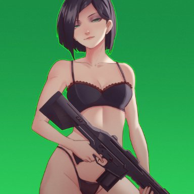 1girls, bare shoulders, black hair, black panties, bra, cleavage, collar, green background, green eyes, gun, lingerie, medium breasts, medium hair, panties, pomelomelon1