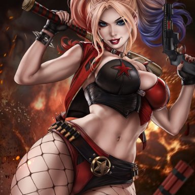 1girls, baseball bat, blonde hair, breasts, bullet, bullets, dandon fuga, dc, dc comics, dyed hair, dynamite, fingerless gloves, gun, harleen quinzel, harley quinn