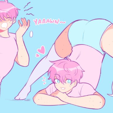 artist request, blue eyes, character request, dialogue, jack-o pose, leg lift, male, male only, pink hair, pink shirt, refrainbow, short hair, socks, text, yawn