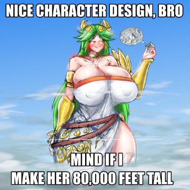 1girls, big breasts, city, cleavage, english text, female, giantess, gigantic breasts, green hair, holding object, huge ass, huge breasts, kid icarus, lapotato8, long hair