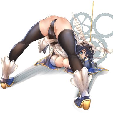 1girls, absurdres, ass, bangs, bent over, big breasts, blue eyes, blue hair, boots, breast press, breasts, butt, chains, cleavage, clothing cutout