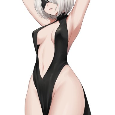 1girls, android, black dress, blindfold, breasts, dress, female, female only, hairband, hands behind head, kuronerinka, nier: automata, short hair, solo, thighs