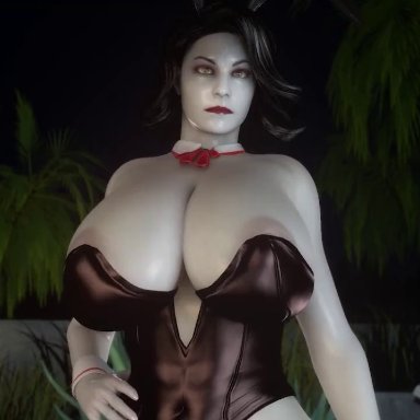 1boy, 1girls, 3d, alcina dimitrescu, almightypatty, animated, areolae, bordeaux black, breasts, bunny ears, bunny girl, bunnysuit, cum, cum on face, erection