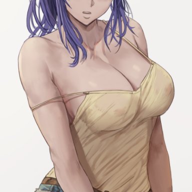 1girls, 2020s, 2021, artist signature, bare legs, belt, blue bottomwear, blue hair, blush, breasts, brown belt, brown eyes, cleavage, confused, denim shorts