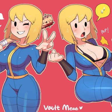 big breasts, blonde hair, blush, bodysuit, bra, breasts, bugita, cleavage, fallout, short hair, tagme, thick thighs, thighs, tight clothing, vault girl