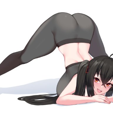 1girls, 2021, ahoge, arched back, ass, ass focus, ass shot, ass up, azur lane, black hair, black sports bra, black yoga pants, blush, breasts, bubble butt