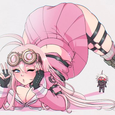 1boy, 1boy1girl, 1girls, ass, ass focus, ass up, blonde hair, blue hair, blush, danganronpa v3, embarrassed, face down, face down ass up, iruma miu, jack-o pose