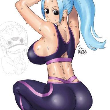 1boy, 1girls, ass, back view, barefoot, bitterbomb, black eyes, blue hair, clothed, dat ass, earrings, exercise, female, female focus, gym clothes