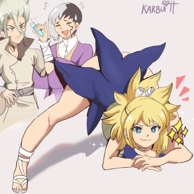 1girls, 2boys, asagiri gen, ass, ass focus, ass up, blonde hair, dr.stone, face down, face down ass up, ishigami senku, jack-o pose, jackochallenge, karbuitt, kohaku (dr.stone)