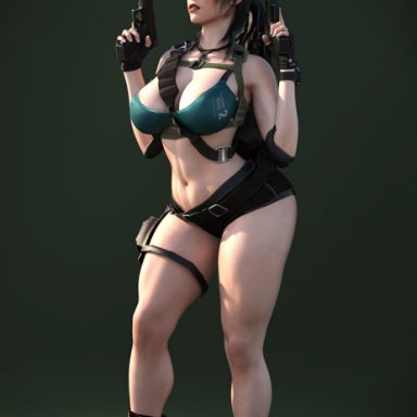 1girls, 3d, areola slip, areolae, black hair, breasts, brown eyes, cleavage, clothed, dual wielding, female, female only, gloves, gun, handgun