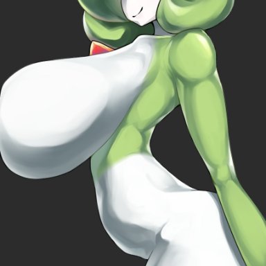 1girl, anthro, ass, black background, female, gardevoir, green hair, hbky1101, nintendo, nipples, nude, pokémon (species), pokemon, red eyes, smile