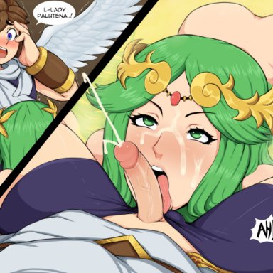 afrobull, cum, cum on face, fellatio, green eyes, green hair, kid icarus, kid icarus: uprising, licking, licking penis, light-skinned female, light-skinned male, naked, palutena, penis