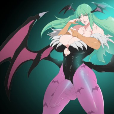 1futa, balls, bat wings, big balls, big breasts, big penis, black thong leotard, black wings, breasts, brown elbow gloves, capcom, cleavage, clothed, clothing, darkstalkers