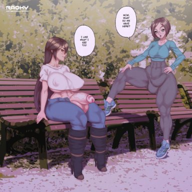 2futas, balls, big balls, big breasts, breasts, brown hair, bulge, clothed, clothing, duo, fully clothed, futa only, futanari, huge balls, huge cock