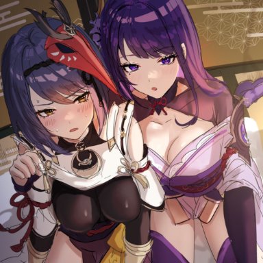 2girls, baal (genshin impact), breasts, clothed breasts, genshin impact, kujou sara (genshin impact), large breasts, raiden (genshin impact), thighs