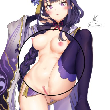 bottomless, breasts, censored, genshin impact, gouka, heels, japanese clothes, nipples, no bra, pussy, raiden (genshin impact), thighhighs