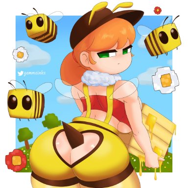 alex (minecraft), alternate costume, ass focus, bee girl, big ass, big breasts, blush, gammainks, green eyes, hat, honey, looking at viewer, minecraft, presenting hindquarters, red hair