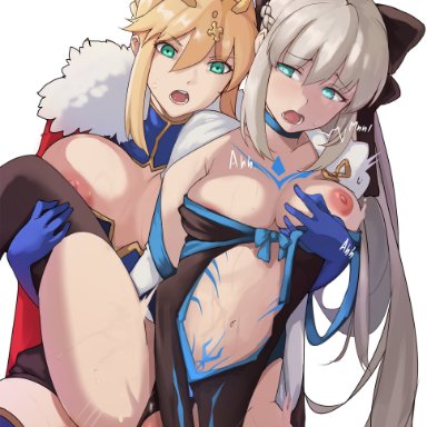 1futa, 1girls, absurdres, aqua eyes, areola slip, areolae, artoria pendragon, artoria pendragon (fate), artoria pendragon (lancer) (fate), black bow, black dress, black panties, blonde hair, blue choker, blue gloves